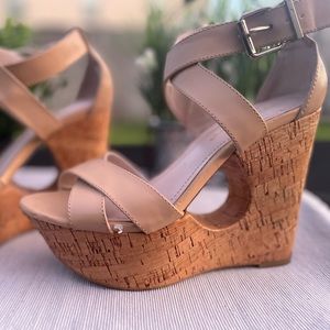 BCBGENERATION Platform Wedge Sandals- leather tan 6.5